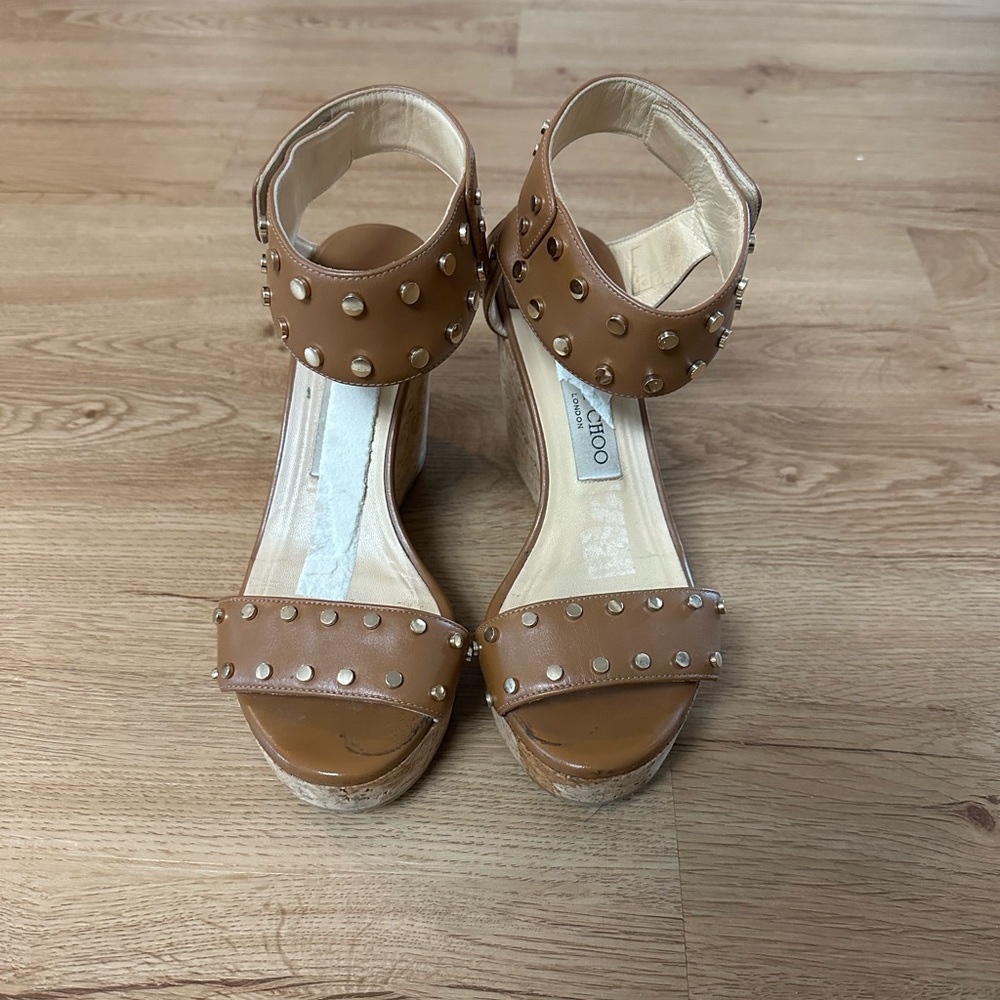 Jimmy Choo Tan Wedges with Studded Detail